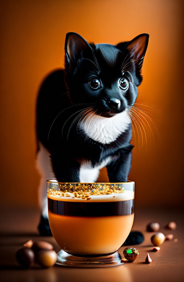 Anthropomorphic black cat digital art with coffee cup and beans on warm background