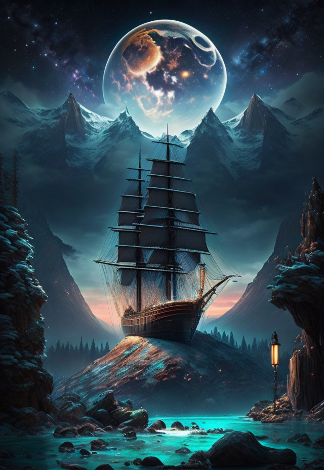 Tall ship on snowy hilltop under large moon and starry sky