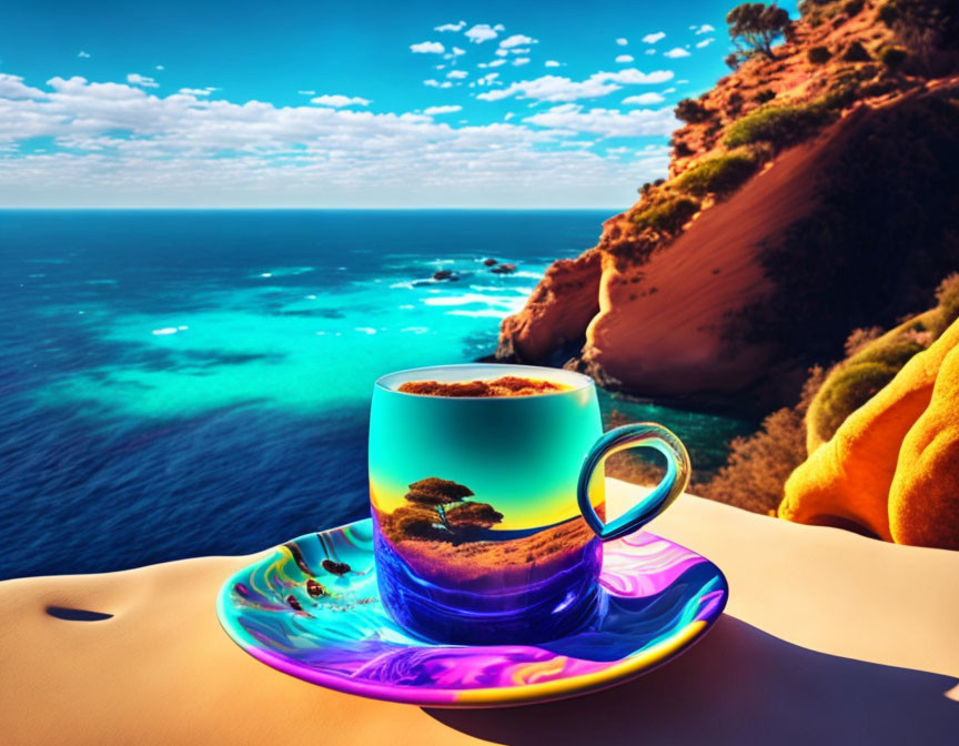 Surreal image: vibrant coffee cup mirroring coastal scene on liquid palette saucer