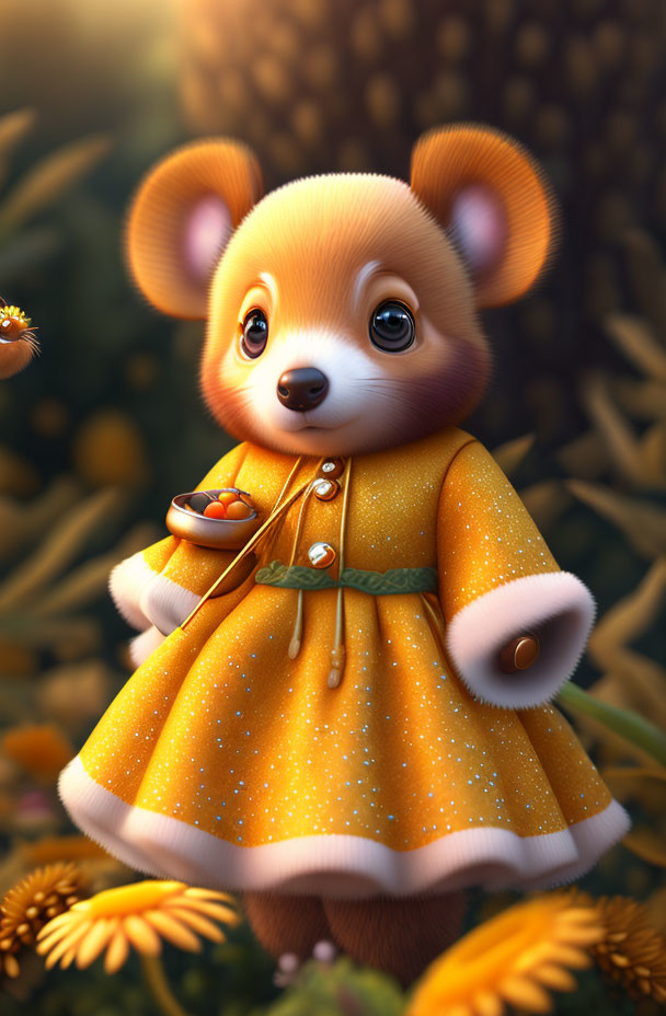 Cute bear character in yellow dress with honey bowl among golden flowers