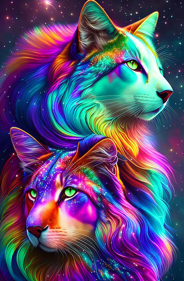 Colorful Galaxy-Themed Cats Artwork on Cosmic Background