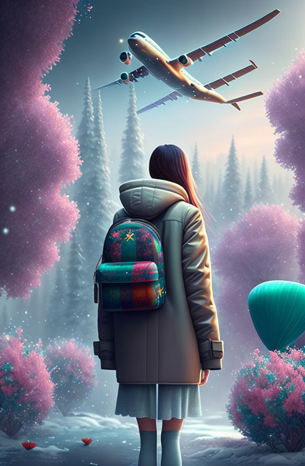 Person with backpack gazes at airplane in colorful forest with purple trees and hot air balloon