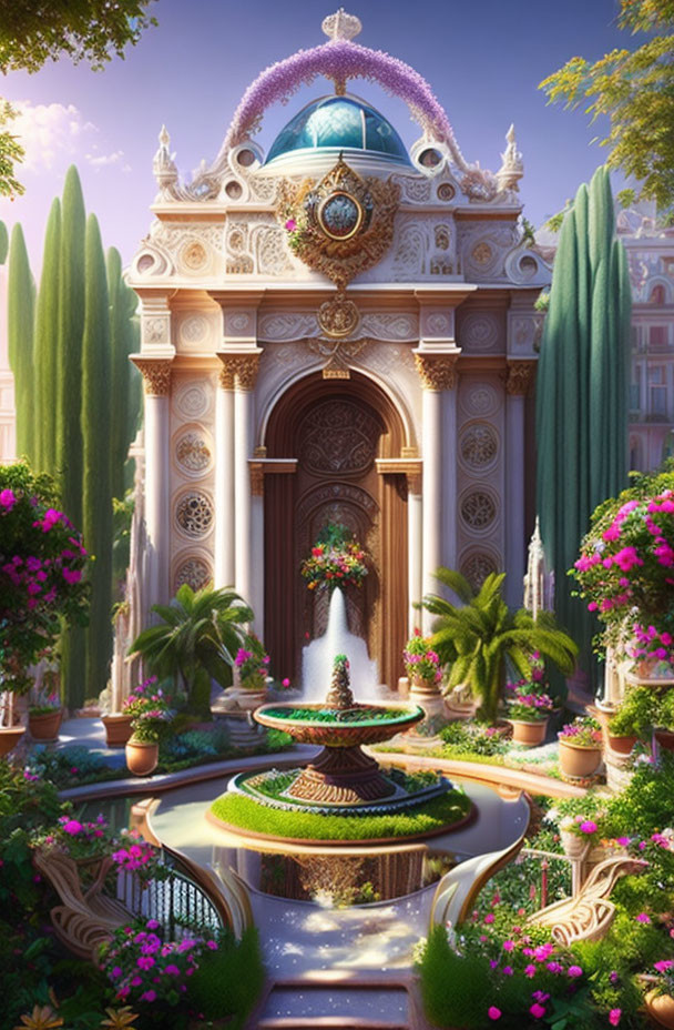 Baroque-style fantasy gate in lush garden with pink flowers