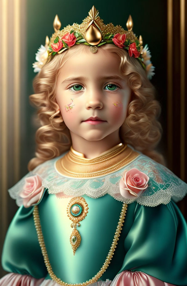 Digital portrait: Young girl with curly hair, teal dress, rose adornments, golden crown.