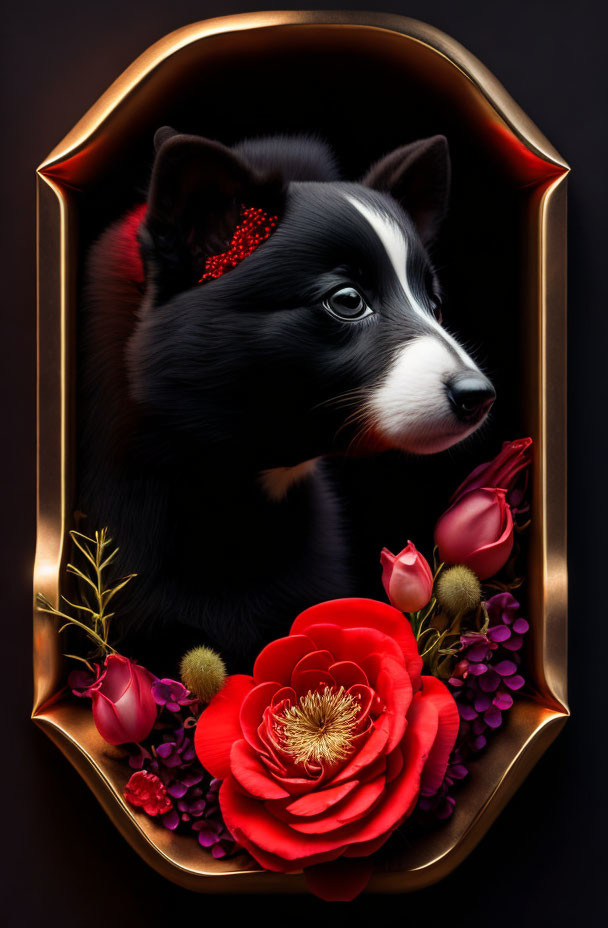 Black and White Dog Portrait with Red Floral Accessory in Gold Frame