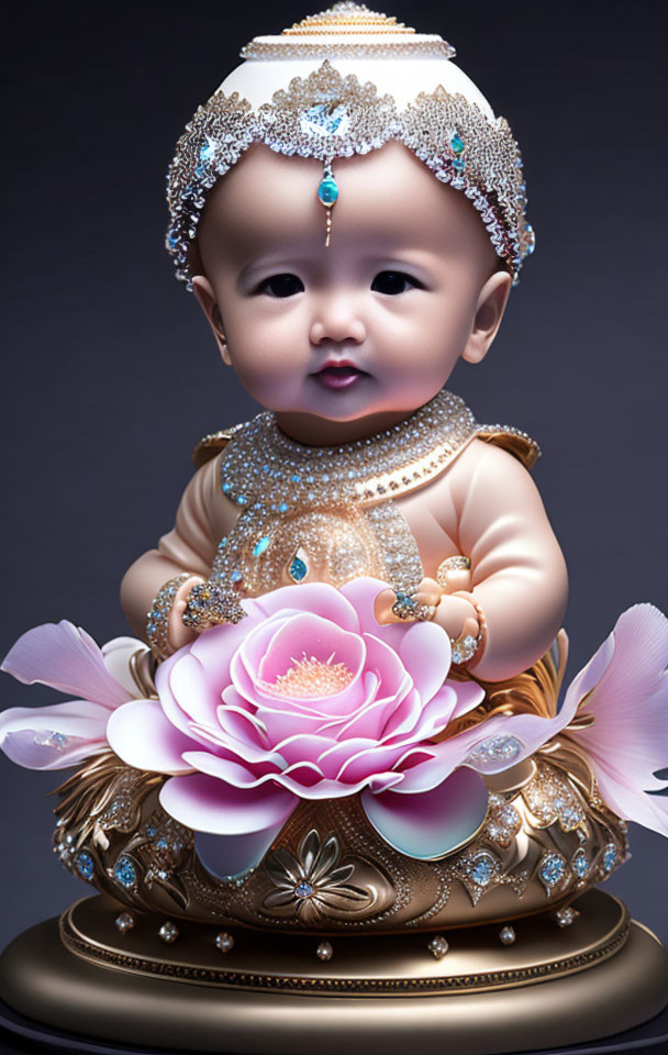 Digital artwork: Infant with headdress and jewelry on lotus.