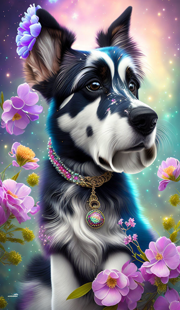 Black and white dog portrait with necklace among purple flowers and starry background