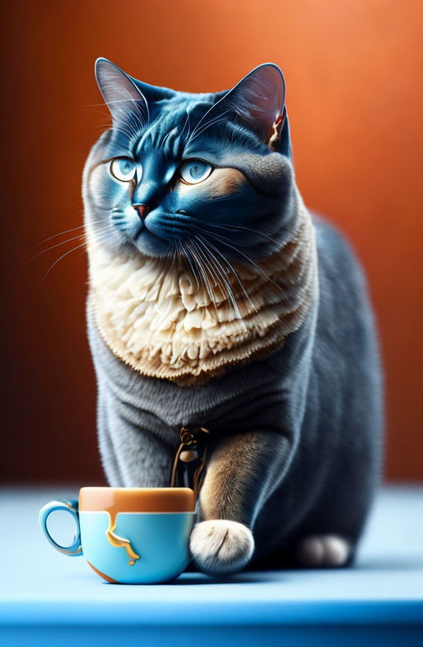 Blue-eyed cat with white collar next to teal cup on gradient background