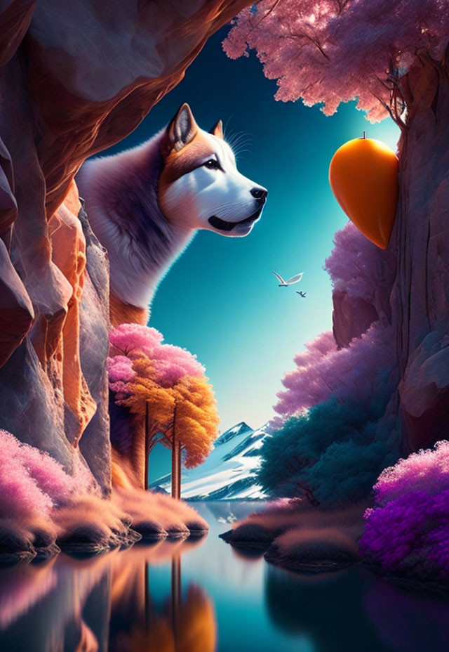 Colorful Siberian Husky Artwork with Rocky Landscape and Fruit