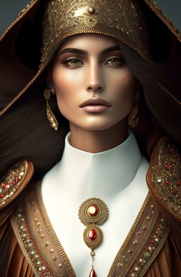 Regal woman in ornate golden helmet and red gem accents