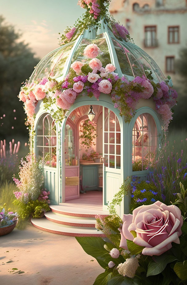 Lush Pink Rose Garden Pavilion in Serene Landscape