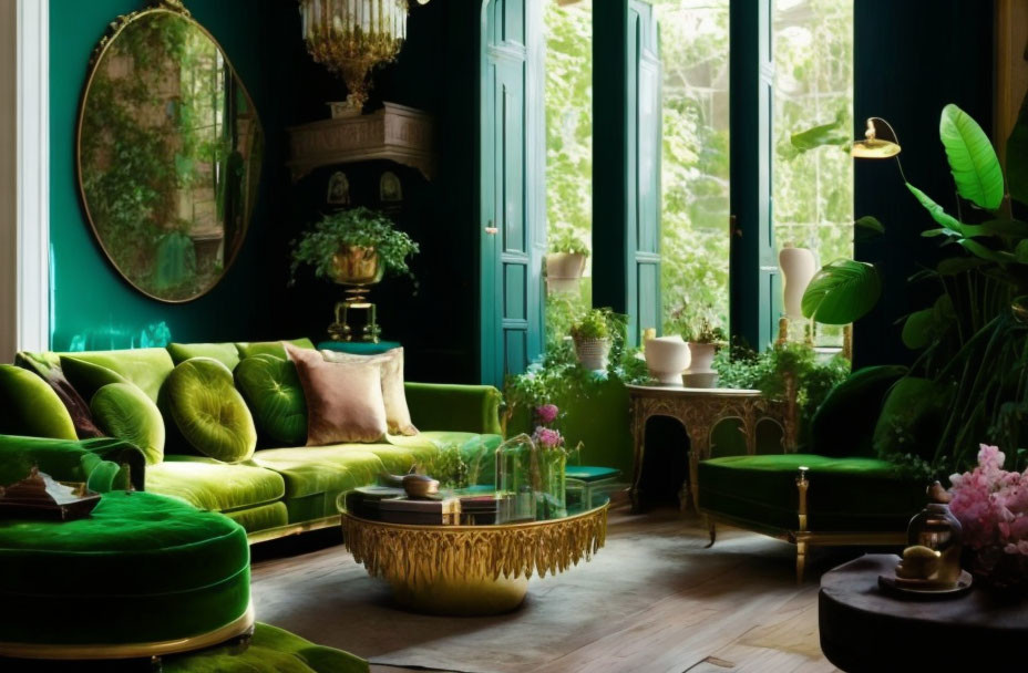 Luxurious Lounge with Green Velvet Sofas and Gold Accents