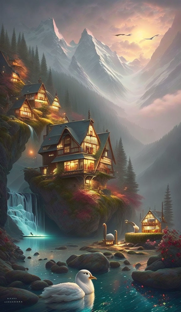 Mountainous landscape with waterfalls, cliffside houses, and swans at dusk