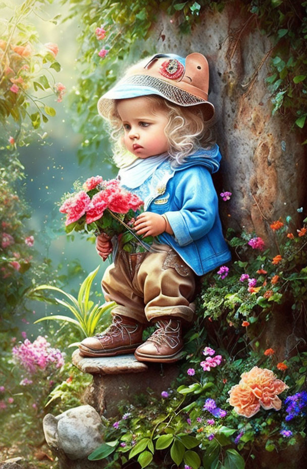 Toddler in Blue Jacket Holding Pink Flowers Surrounded by Green Foliage