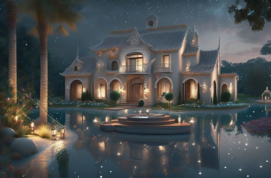 Ornate villa in lush garden with illuminated windows