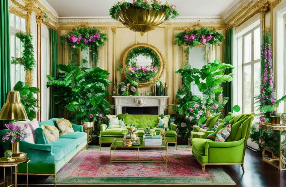 Luxurious Green Sofas in Opulent Room with Gold-Trimmed Walls