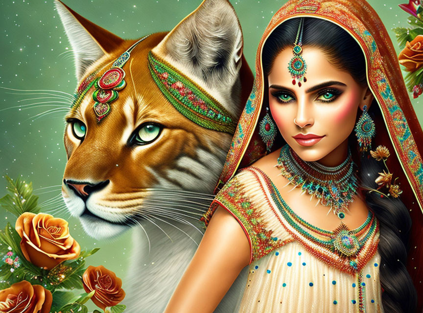 Digital Artwork: Woman in Indian Attire with Lynx and Floral Background