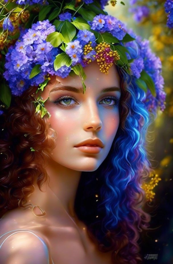 Woman with Floral Crown and Vibrant Blue/Purple Curly Hair on Blurred Background