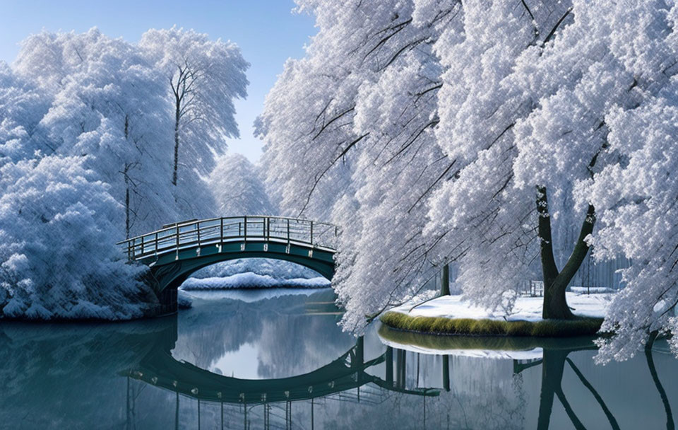 Snow-covered trees and bridge reflected in calm lake on serene winter day