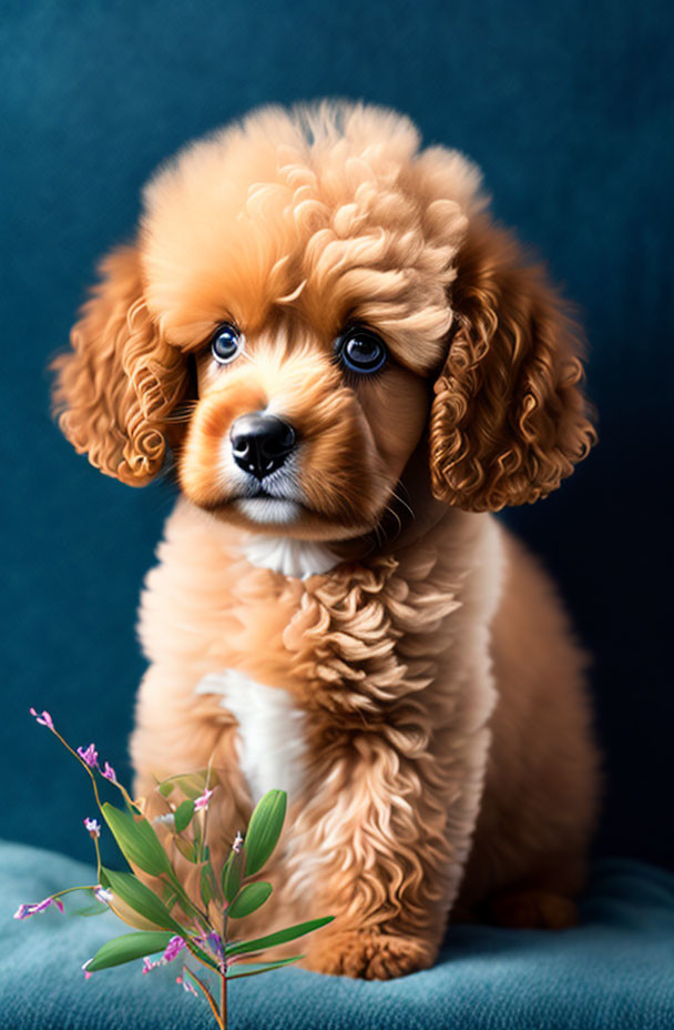 Adorable apricot poodle puppy with flowers on blue background