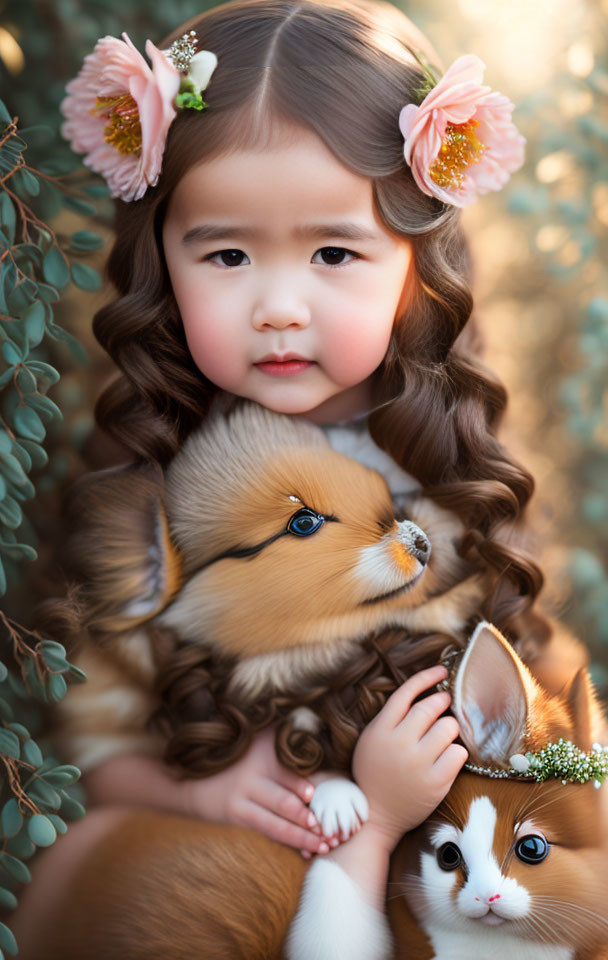 Curly-Haired Girl with Flowers, Puppy, and Kitten in Nature