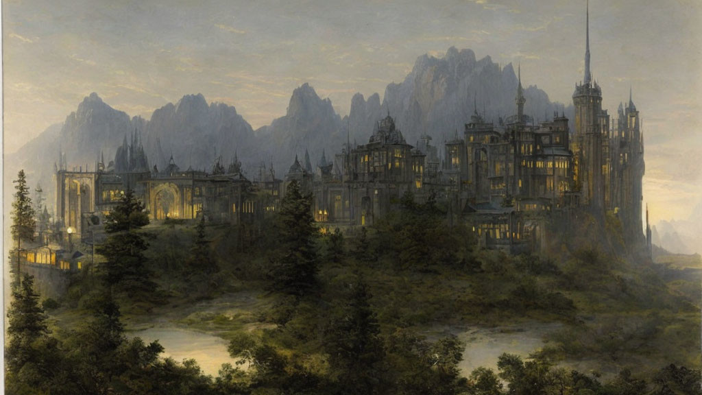 Fantasy landscape with castle in mountain glow