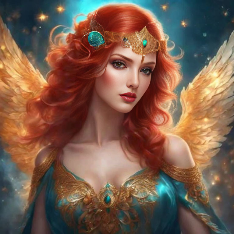 Red-Haired Angelic Figure with Green Eyes and Cosmic Wings