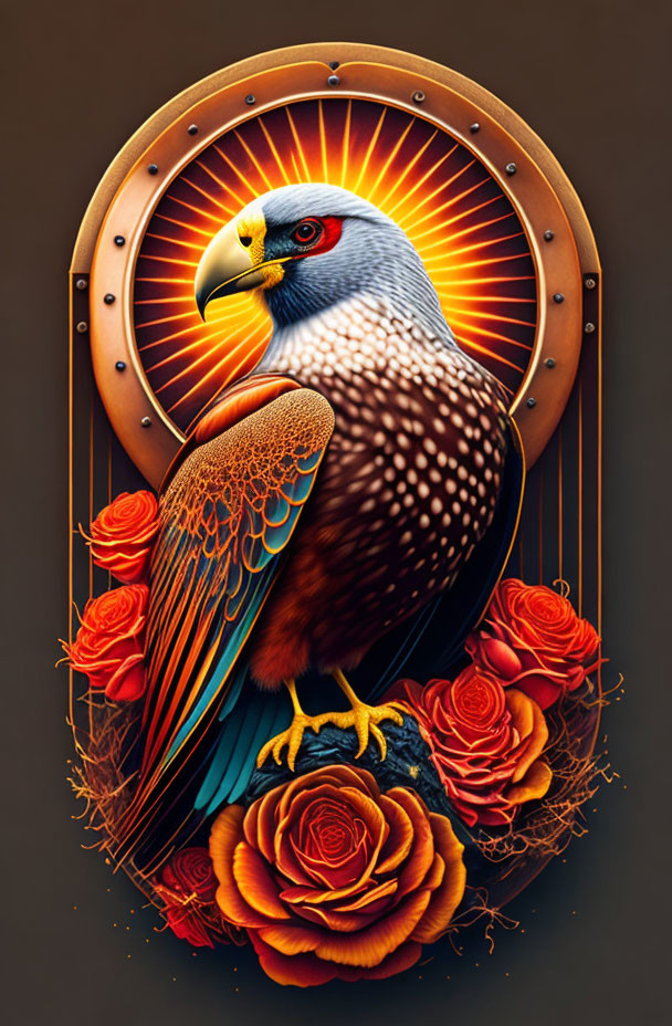 Colorful Eagle Perched on Red Roses in Radiant Sun-like Setting