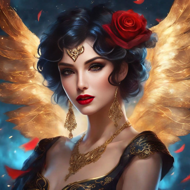 Woman with red rose, glowing wings, gold jewelry, dark dress on starry background