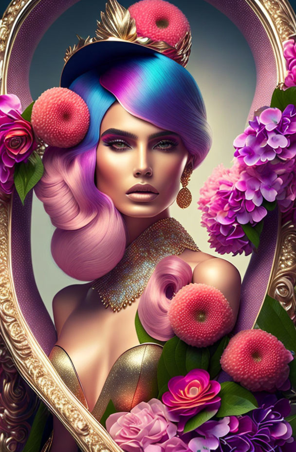 Colorful Hair Woman Illustration with Flowers, Bold Makeup, and Jewelry