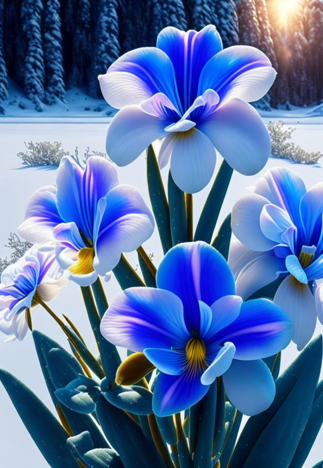 Blue iris flowers blooming in snowy forest with sunlight filtering through trees