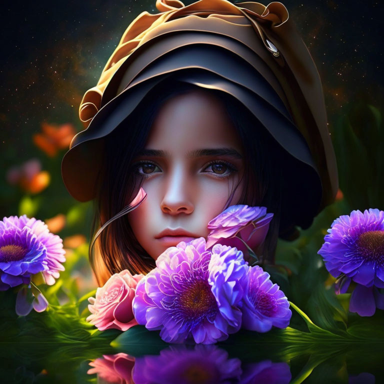 Digital artwork of girl with expressive eyes in brown hat amidst vibrant flowers