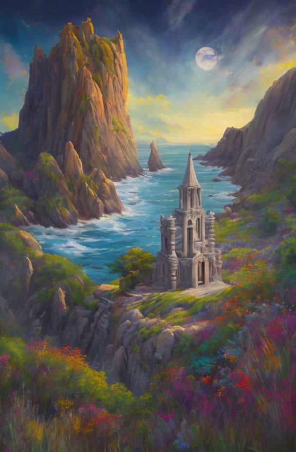 Tranquil fantasy landscape with rocky cliff, river, castle, flora, and moon