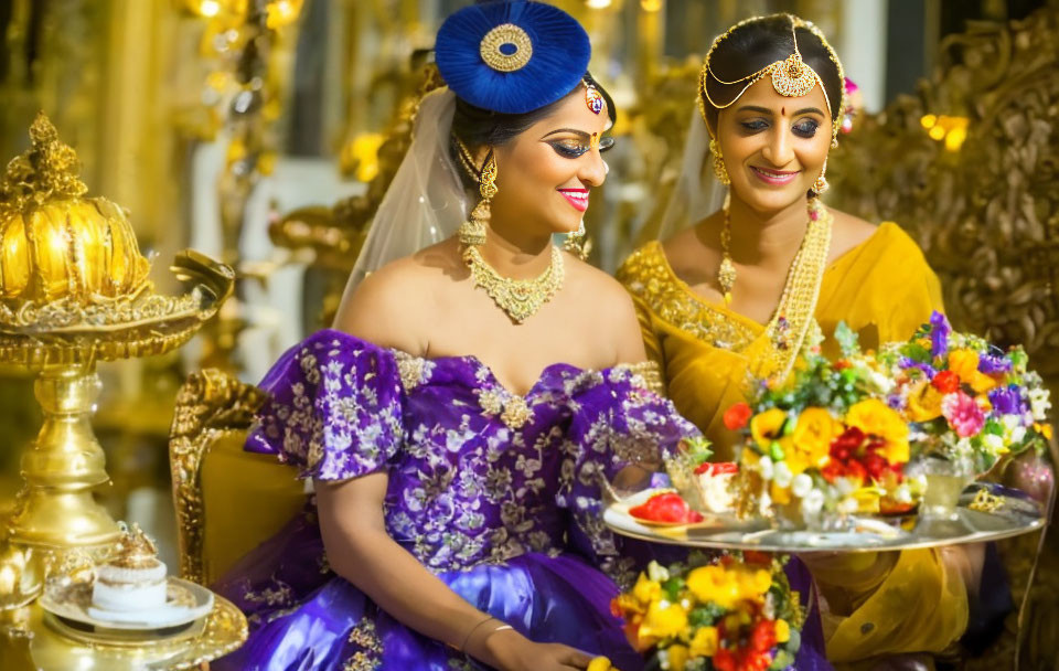 Traditional Indian Attire: Two Women in Elegant Clothing and Jewelry