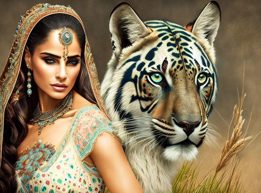 Photorealistic artwork: Woman adorned with Indian jewelry merging with tiger face