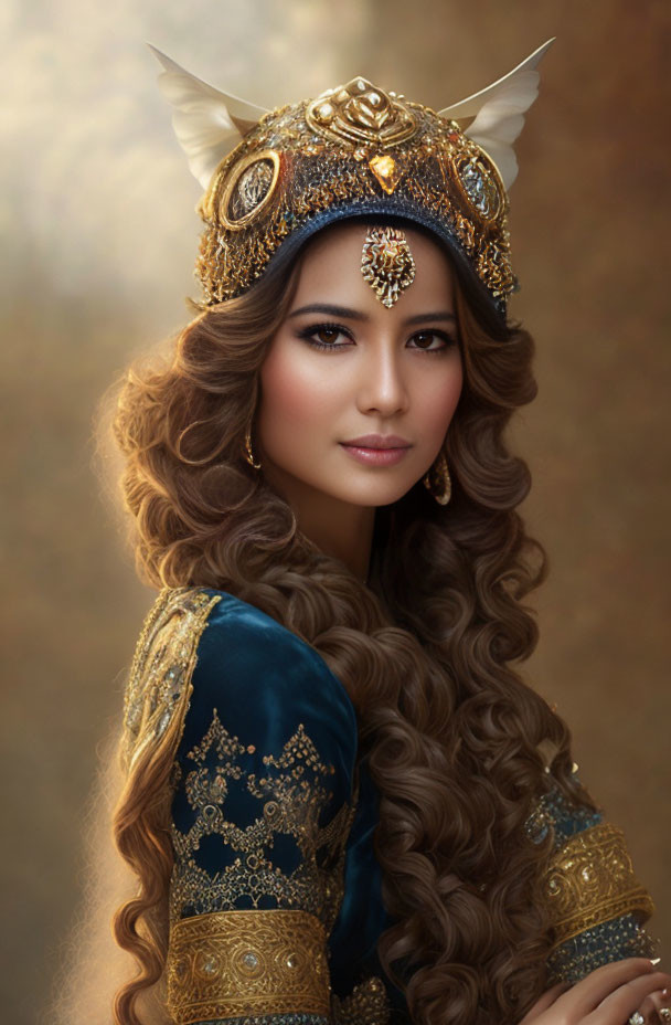 Regal woman in gold headpiece and blue attire