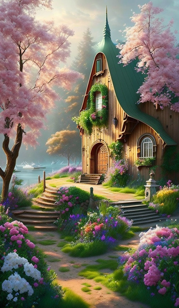 Pointed Roof Cottage Surrounded by Pink Trees and Lake