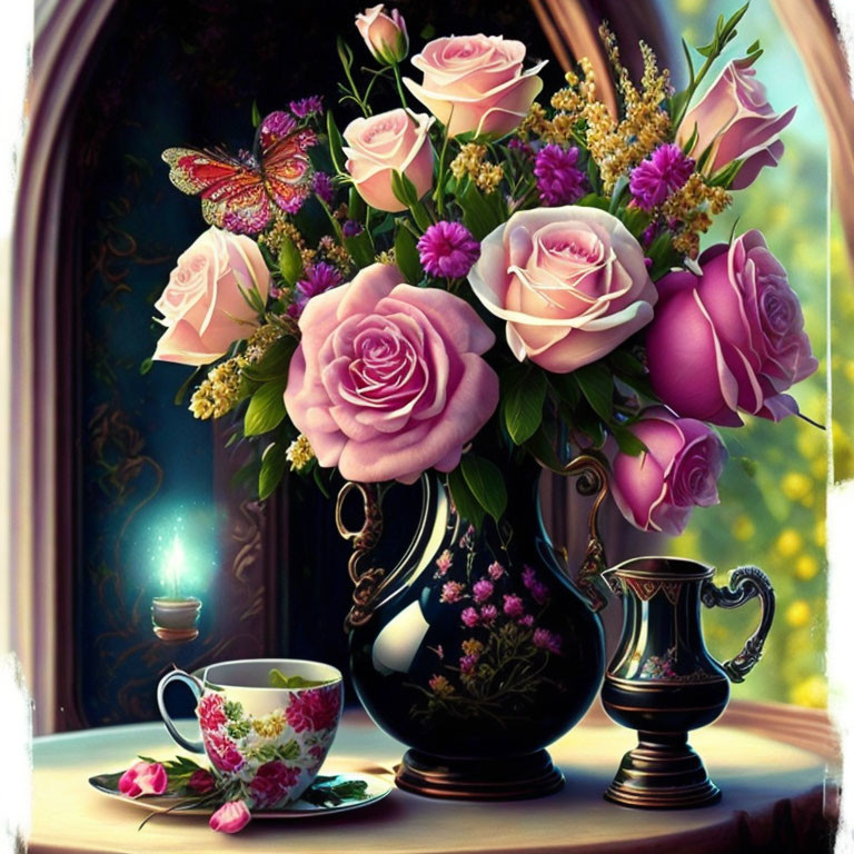 Pink and Purple Floral Bouquet with Teacup Set and Candle by Window