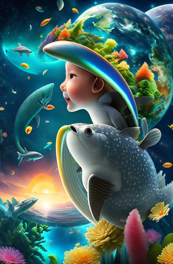 Child's face on planet with fish, flowers, and celestial bodies in vibrant landscape