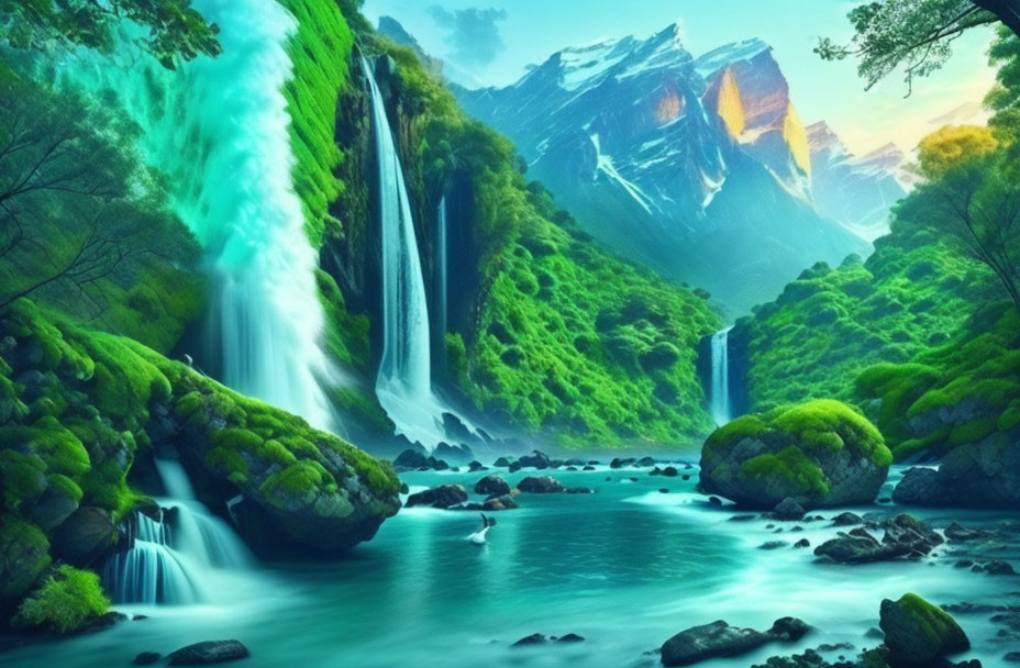 Vibrant waterfalls, lush greenery, tranquil waters, majestic mountains