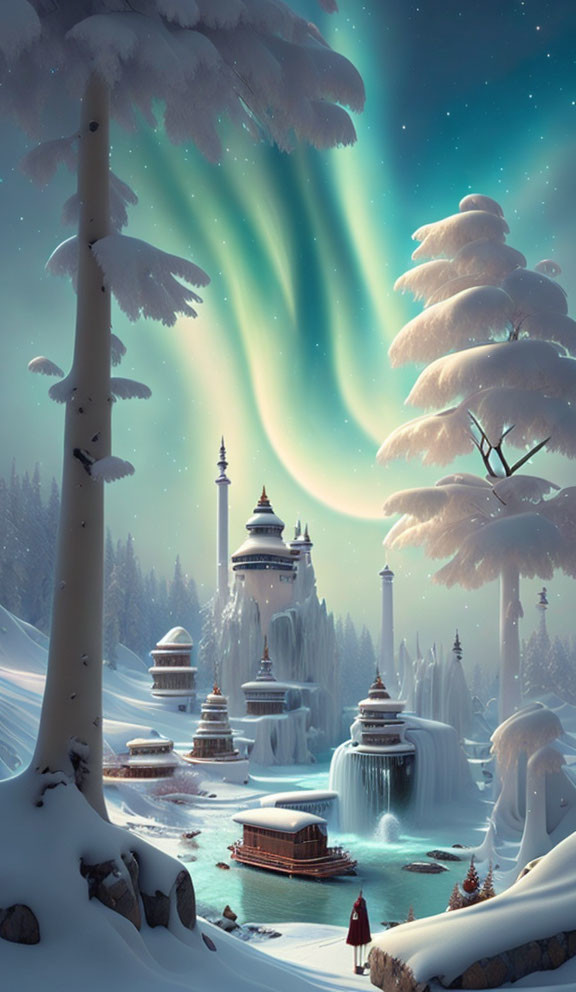 Winter Night Castle Scene with Snow-Covered Trees and Northern Lights