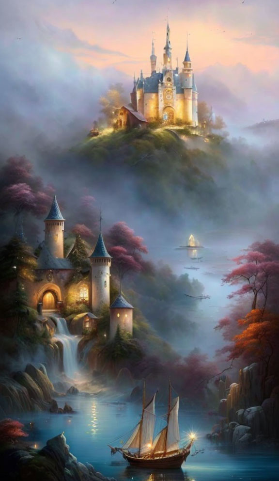 Fantasy castle on misty hill with autumn trees, waterfalls, sailboat, and tower at