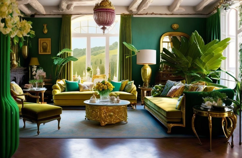 Luxurious Living Room with Green Furnishings and Golden Accents