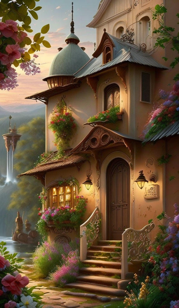 Enchanting fairytale house with dome, curved door, balcony, waterfall view