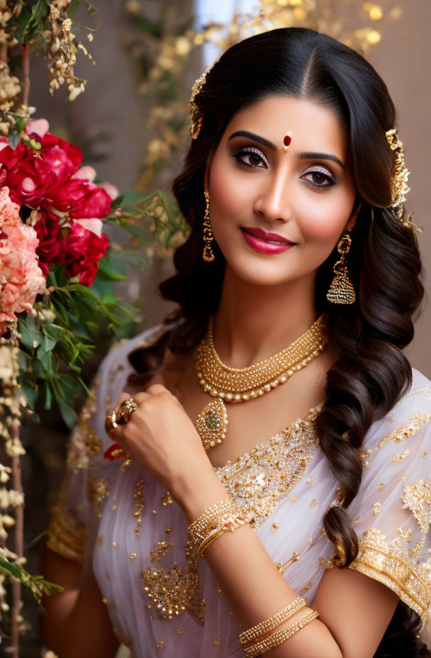 Traditional Indian attire woman with bindi and jewelry posing elegantly.