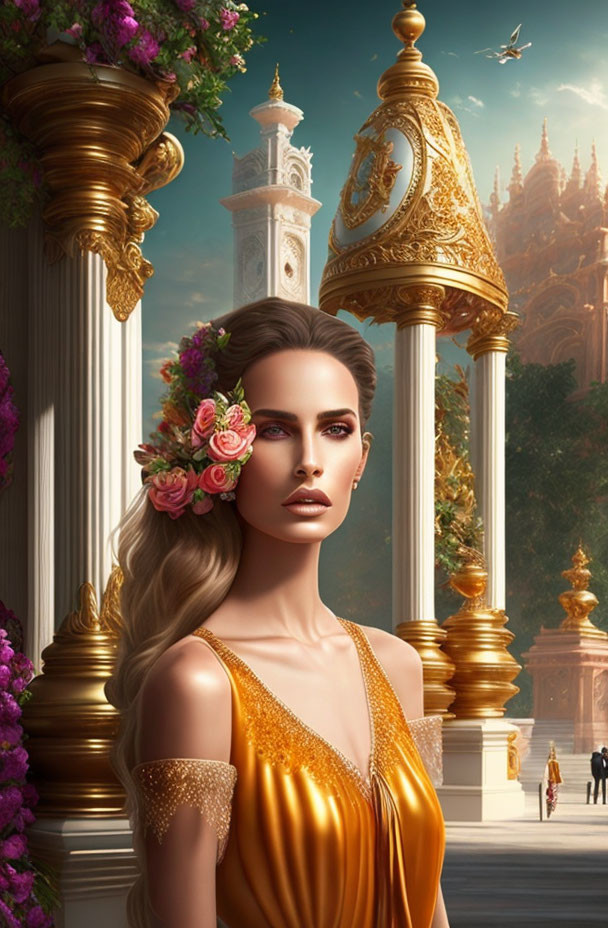 Woman with flowers in hair at majestic architecture with golden ships under clear sky