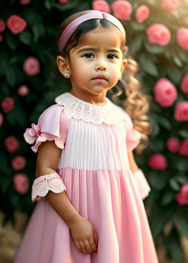 Young girl in pink dress with lace collar by rosebush