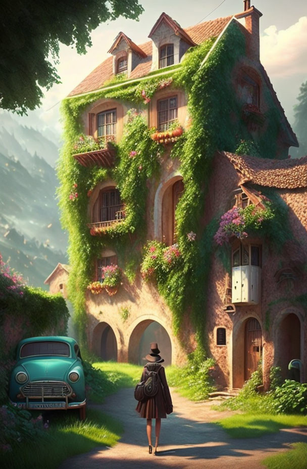 Vintage attire person walking to ivy-covered multi-story house with blooming flowers and classic car