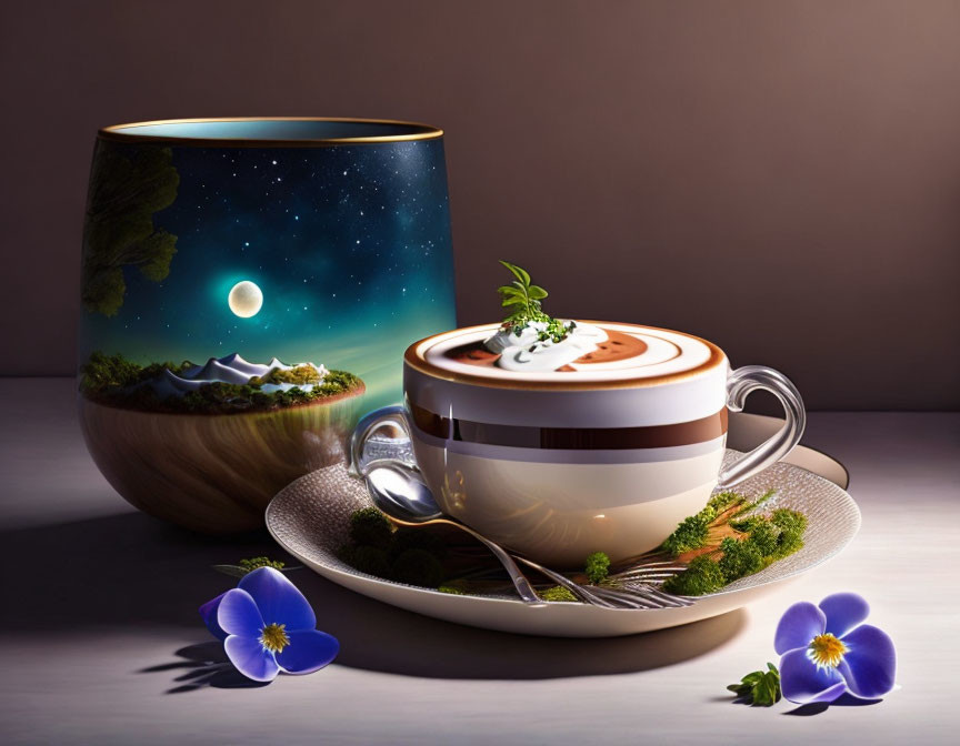 Surreal coffee cup and pot with landscape and starry sky design on them