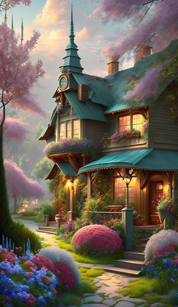 Clock tower cottage surrounded by lush gardens and flowering trees